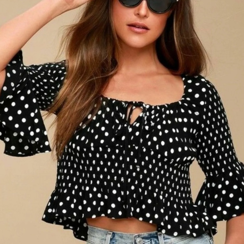 Free People Black and White Polka Dot Smocked Crop Top